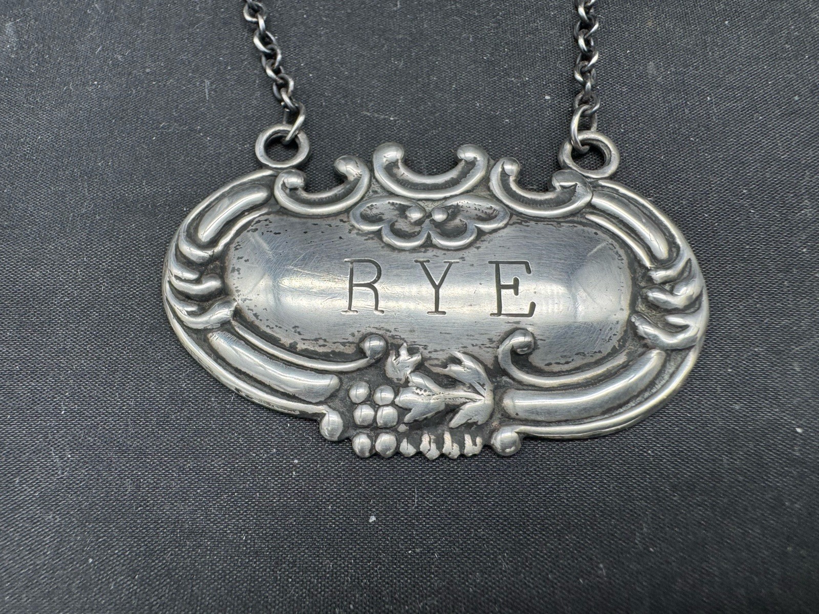 Vintage Sterling Silver DECANTER Liquor Bottle Tag Label "RYE"