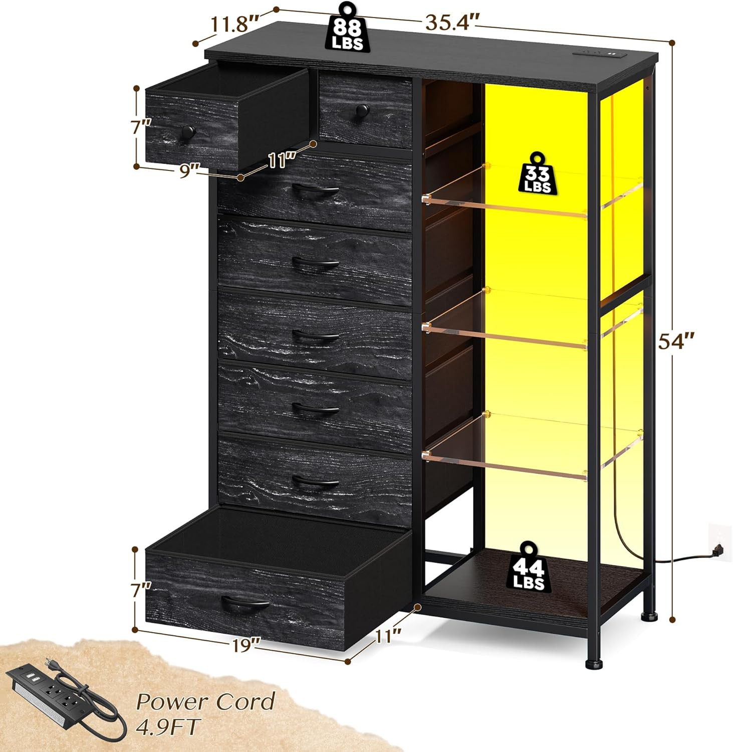 Enhomee 54" H Dresser for Bedroom with LED Lights & Power Outlets Dresser with 8