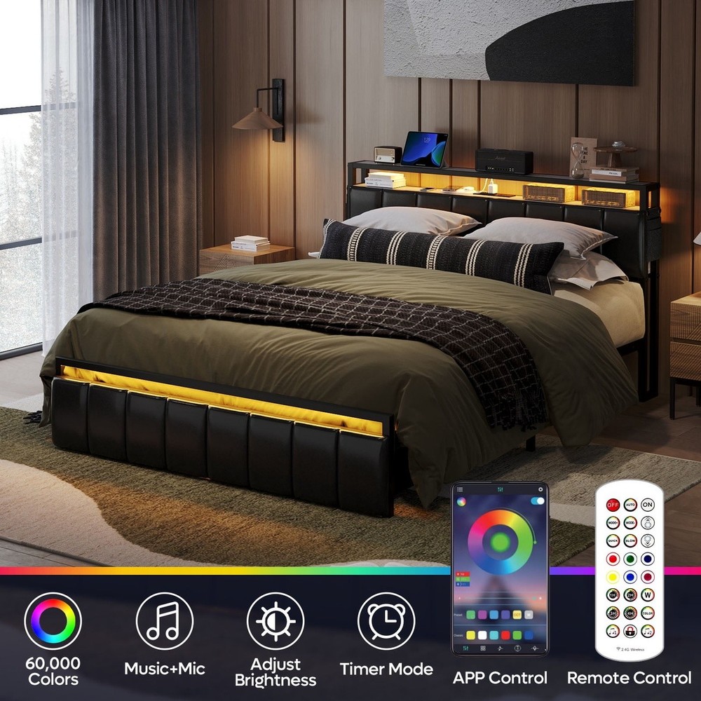 Bestier Queen Platform Bed with PU Leather Headboard