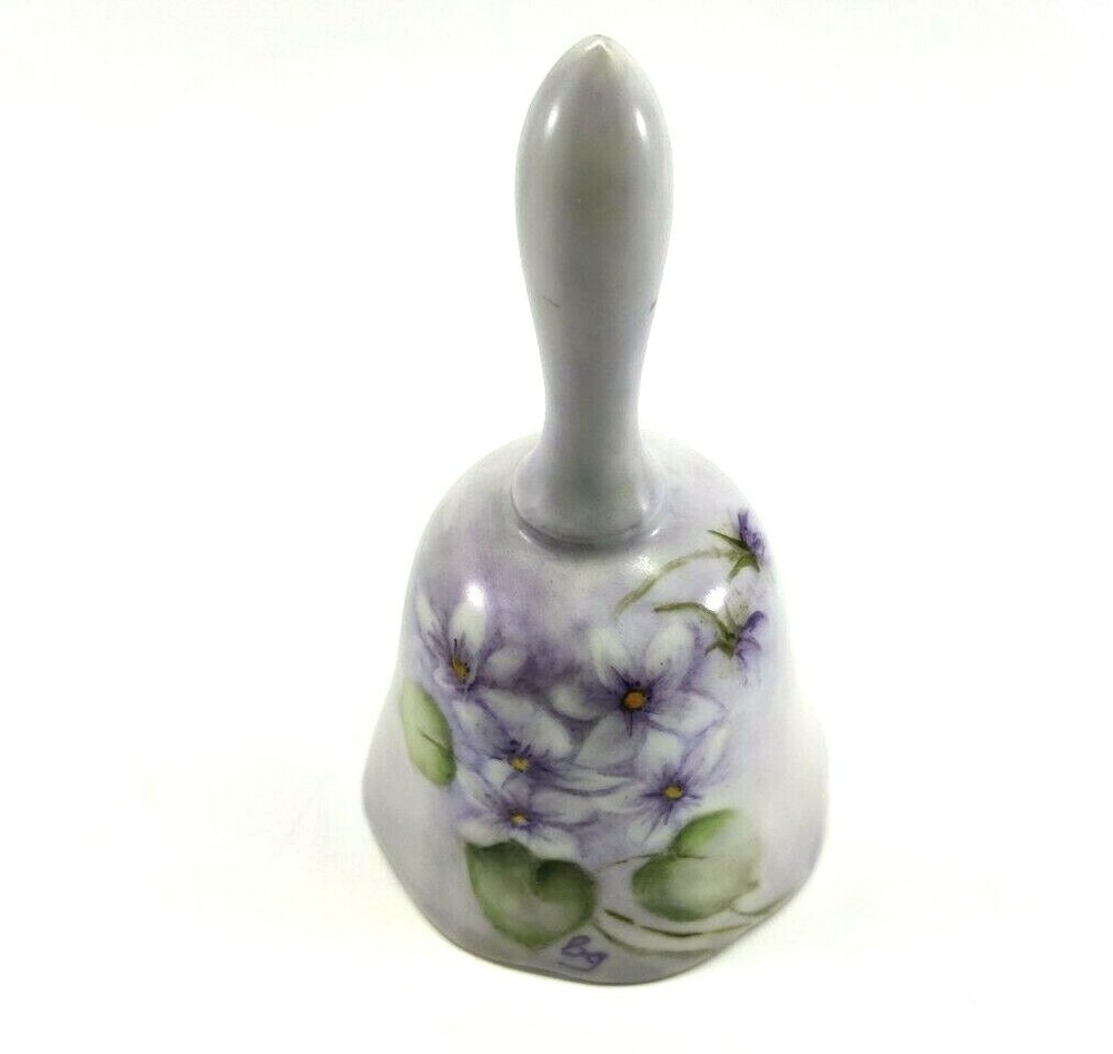 Vtg Hand Painted Violets Porcelain Bell Signed