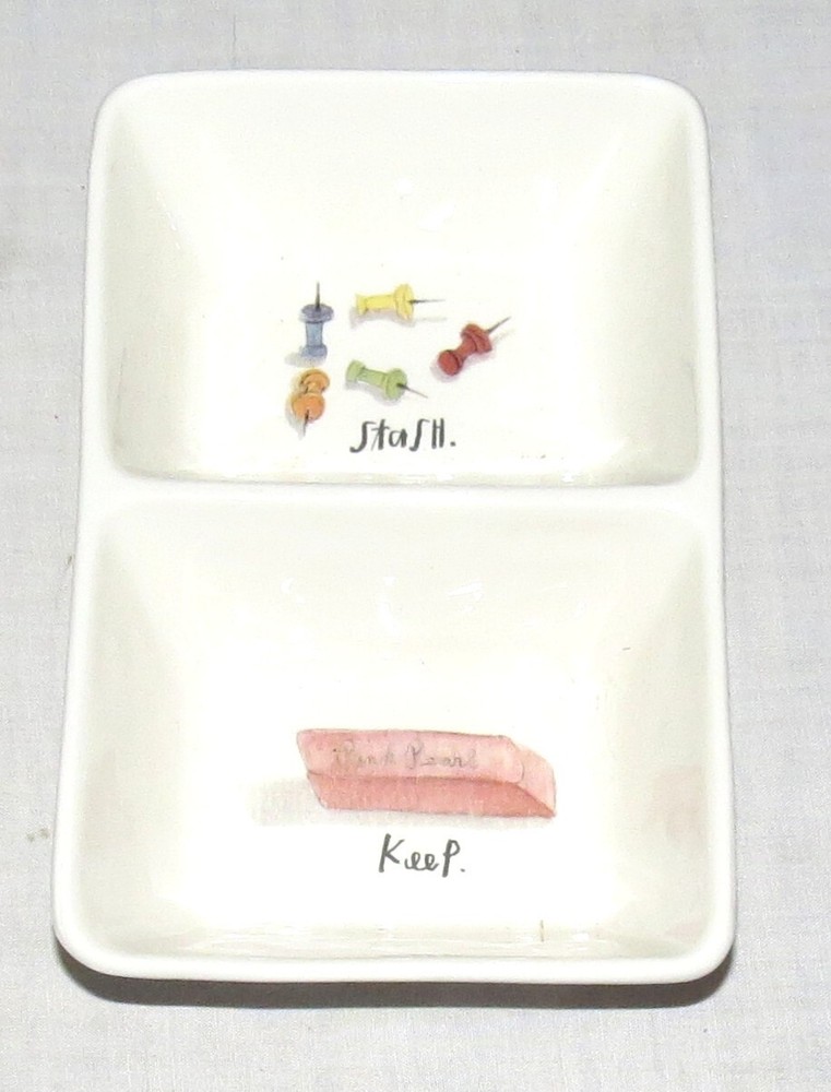 Rae Dunn 8.7/8 x 5 inch Stash Keep two-compartment Ceramic Tray
