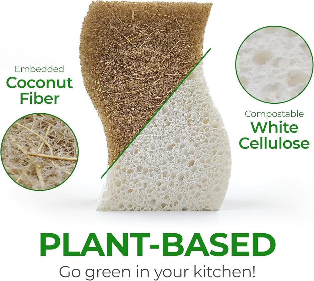 Biodegradable Natural Kitchen Sponge - Compostable Cellulose and Coconut Waln...