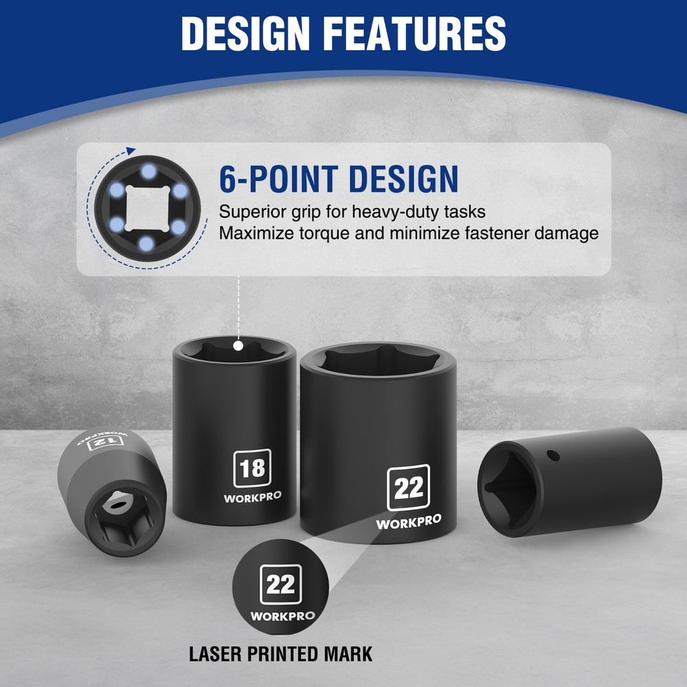 WORKPRO 1/2”Drive Shallow Impact Socket Set Metric Cr-V Steel 6-Point Socket Set