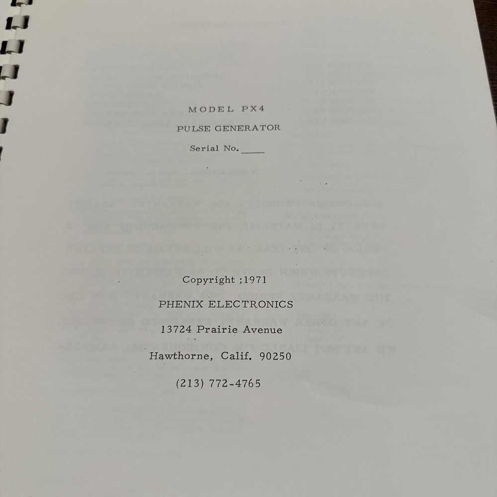 Phenix Electronics Model PX4 Pulse Generator Instruction Manual