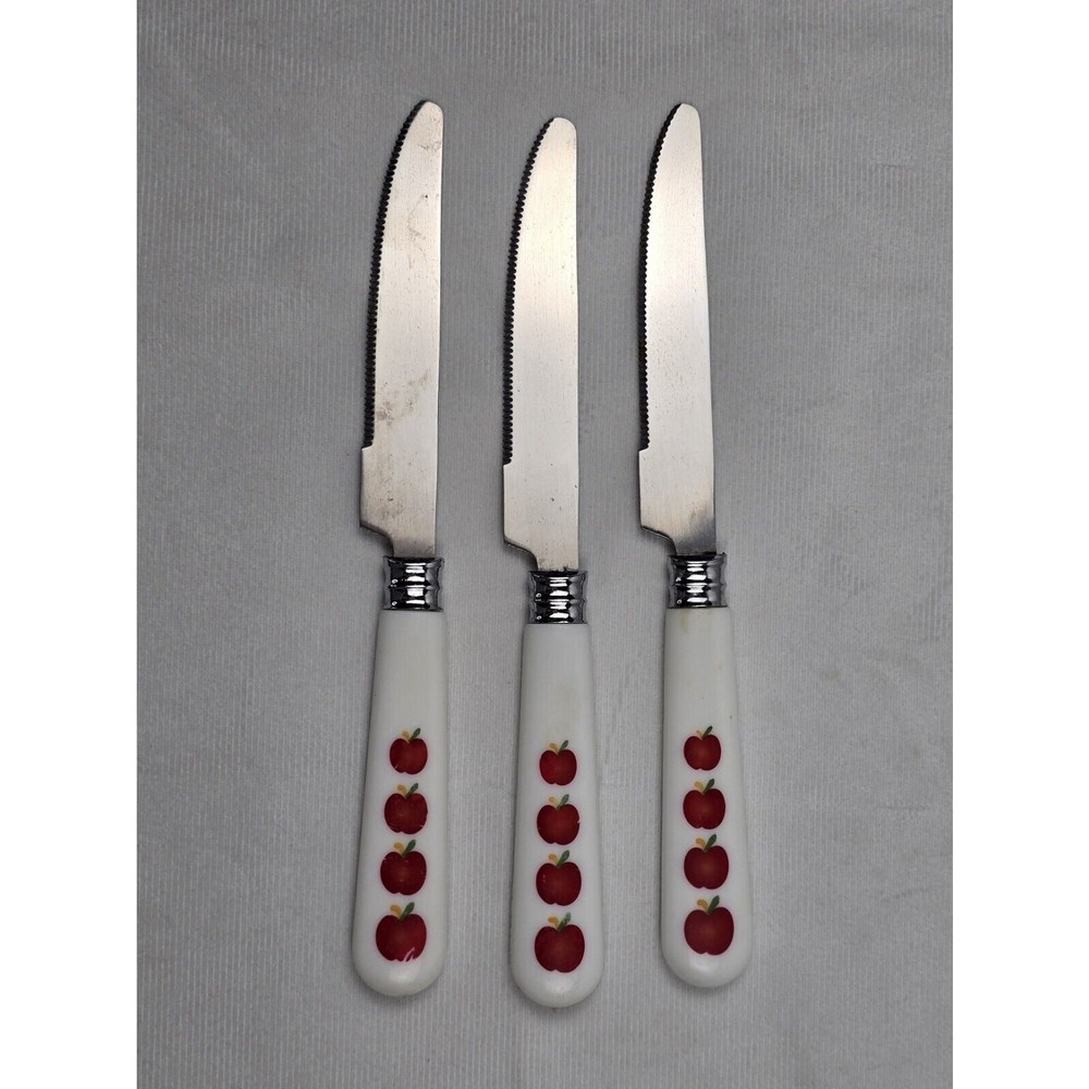 Apple Flatware Set & Holder Farmhouse Fruit Vintage Plastic Handle