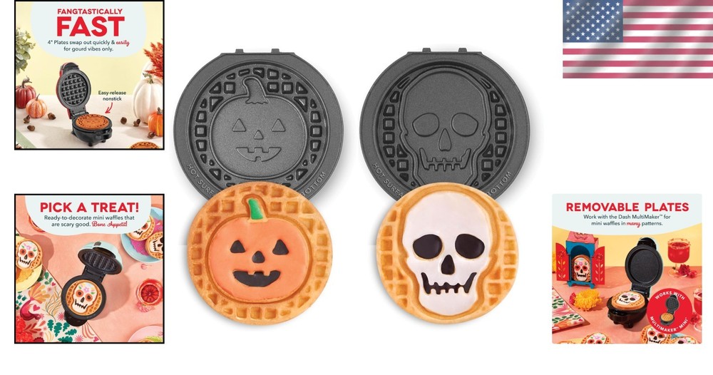 Multimaker Mini System Two 4” Nonstick Removable Waffle Plates (Skull & Jack-O-L