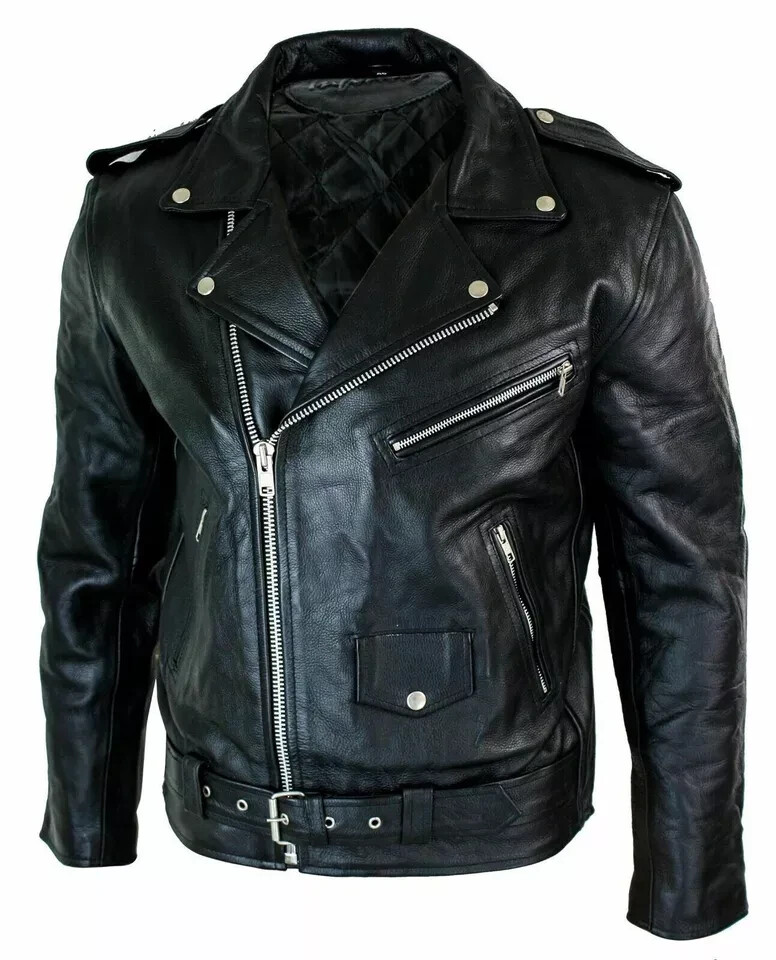 Men's Motorcycle Leather jacket Genuine Buffalo Skin Brando Style Black Biker