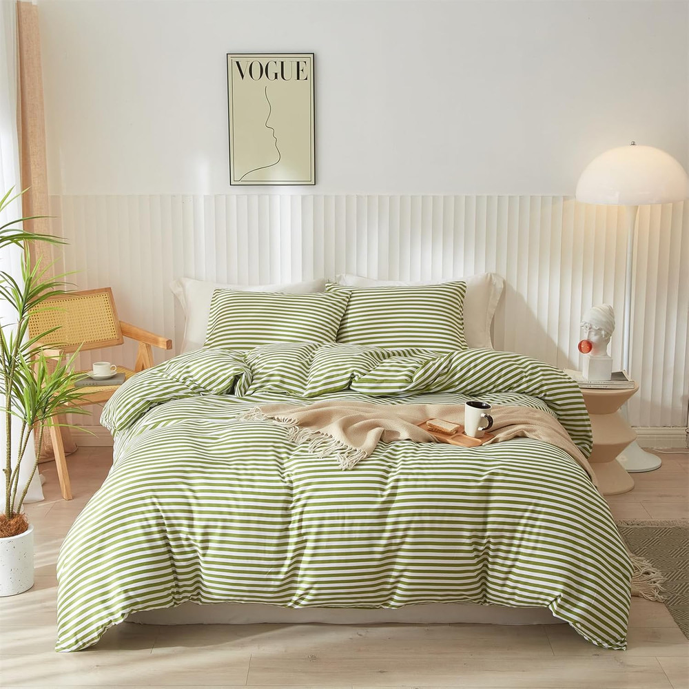 Striped Comforter Set King Size - Green White Stripes Pattern Bed Set for All Se