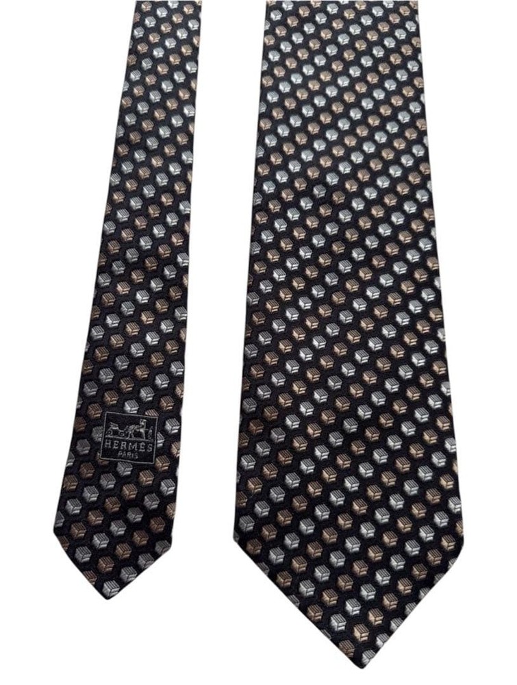 HERMES tie Black Silver Bronze Silk Tie
