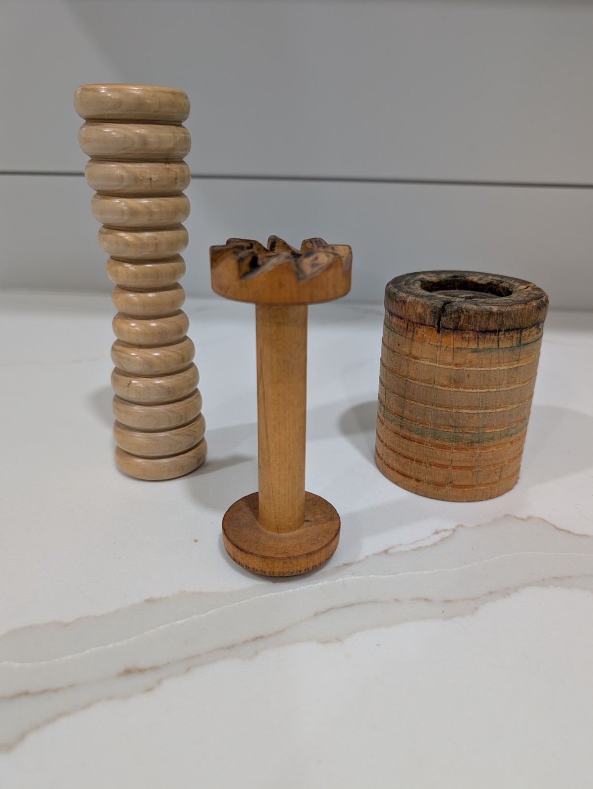 Vintage Set Of 3 Wooden Textile Bobbins Spools Industrial Sewing Primitive Decor