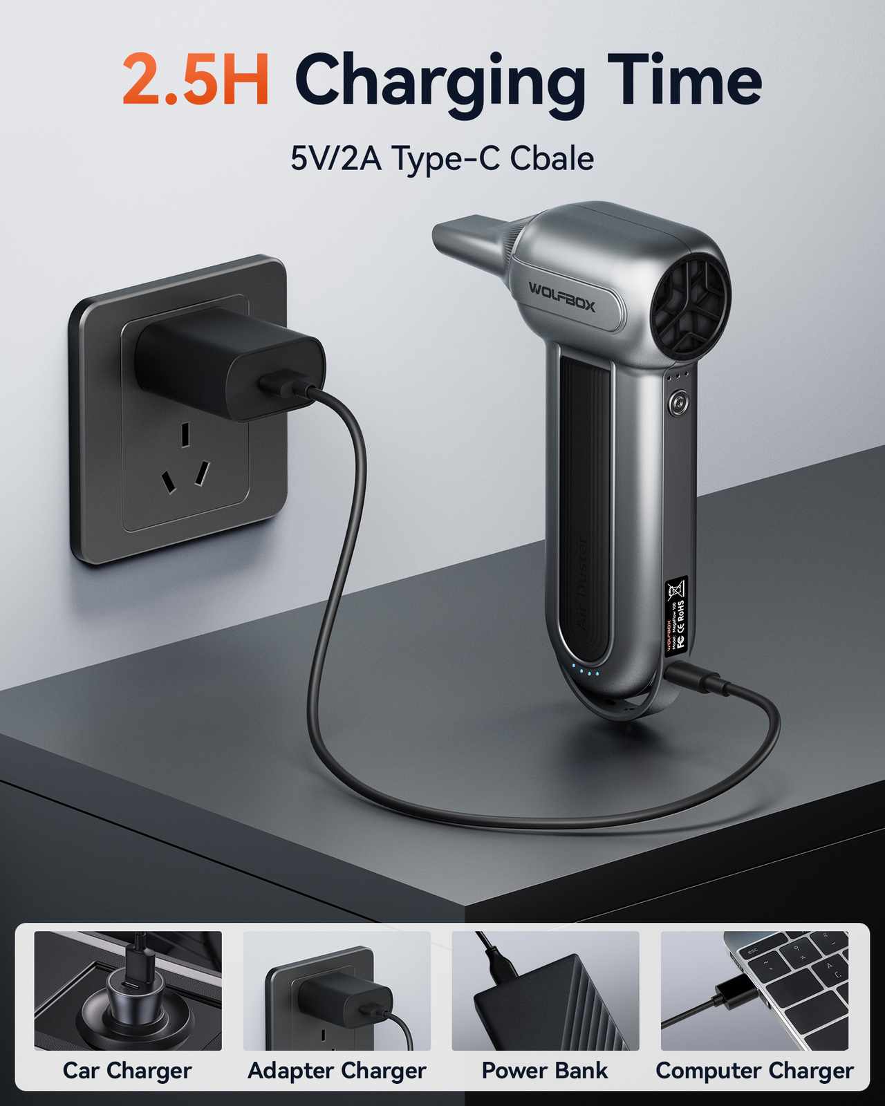 WOLFBOX MF100 Rechargeable Air Duster Cleaner 150000RPM 3-Gear Cordless for PC