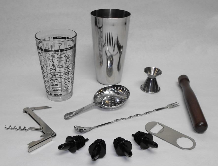 12pc BOSTON SHAKER BAR KIT Tin Glass Spoon Jigger Muddler Strainer Opener Pourer