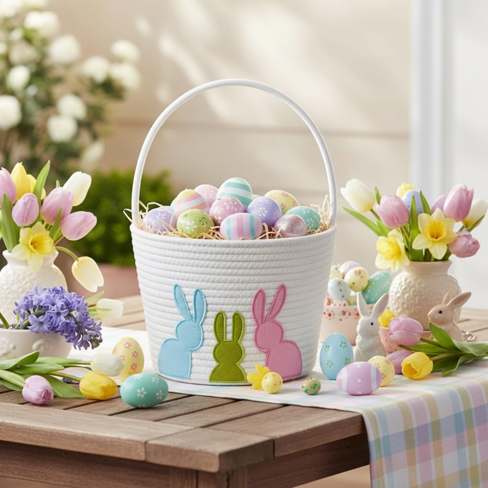 E-FirstFeeling Easter Baskets for Kids, Woven Easter Bunny Basket with Handle...