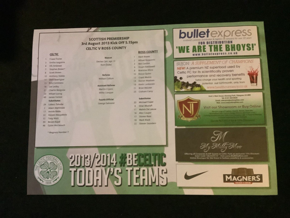 2013/14 Celtic v Ross County August teamsheet