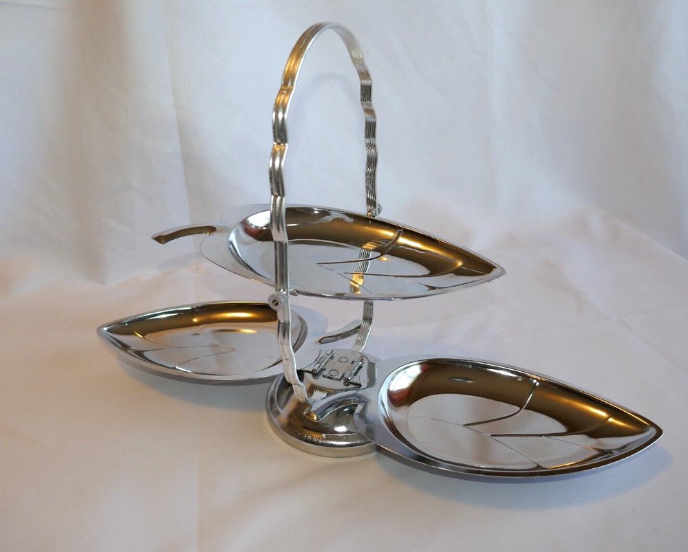 MCM Collapsible Silver Tone 3 Tier Leaf Serveware Snacks TrinketsJewelry Vintage