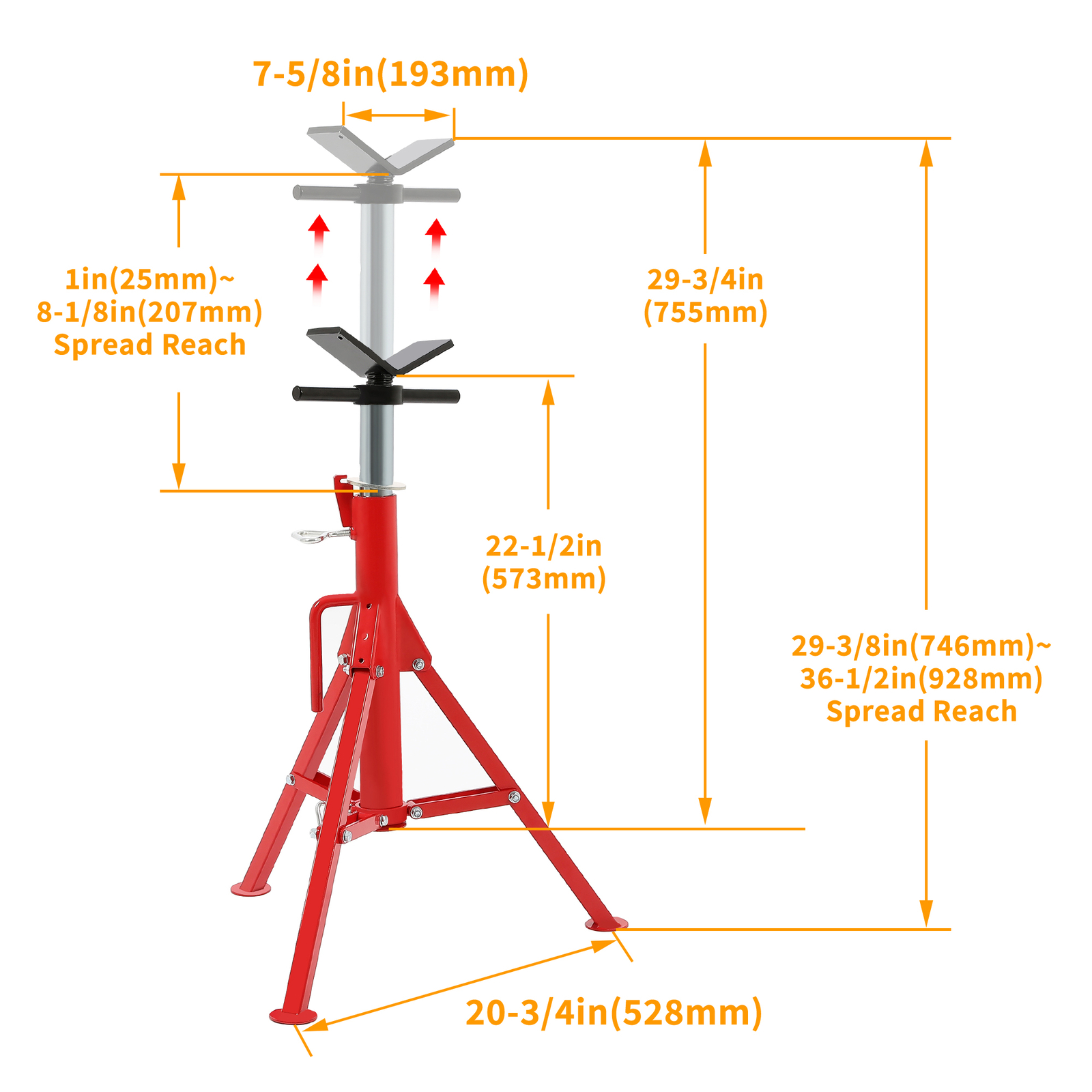 V-Head Pipe Stand Folding Tripod Jack 28"-52" Height 12" Pipe 2500LB Steel Red