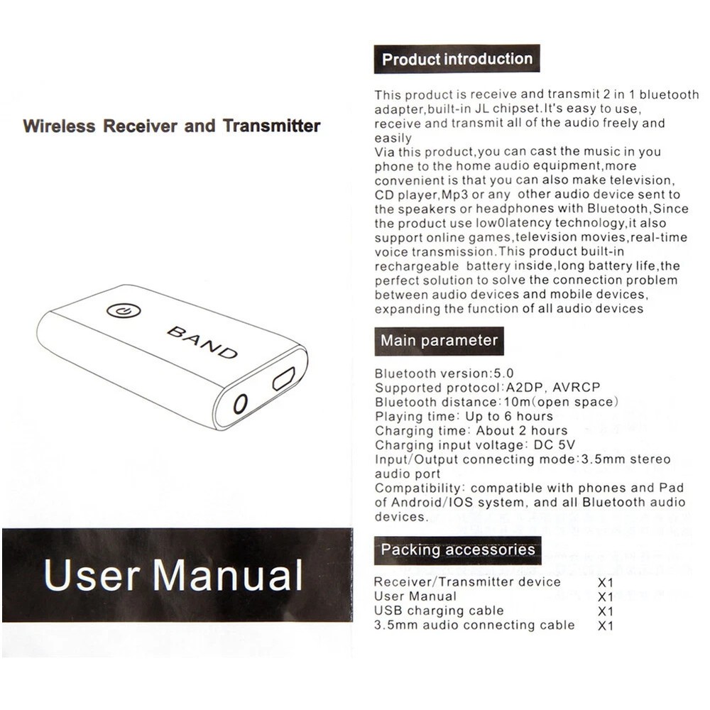5.0 Bluetooth Transmitter Receiver Wireless 2 in 1 Audio 3.5mm Jack Aux Adapter