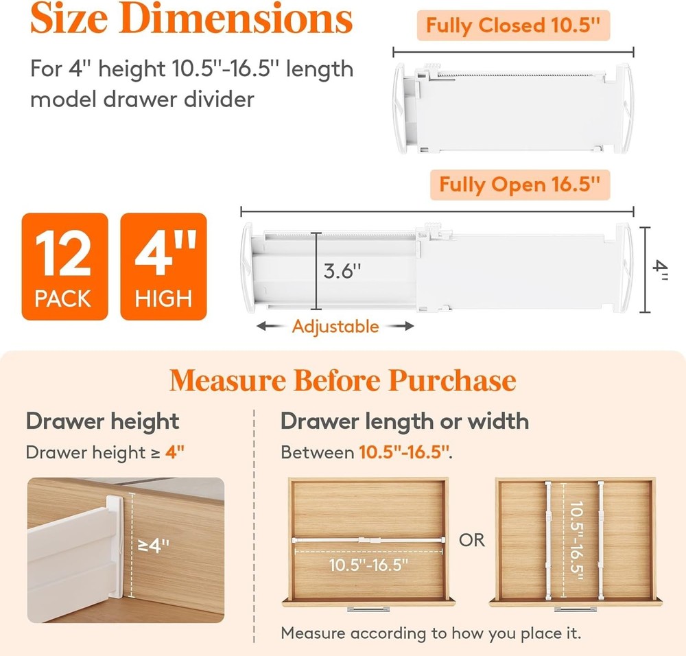 12-Pack Drawer Separators | Adjustable and Non-Slip for Secure Storage