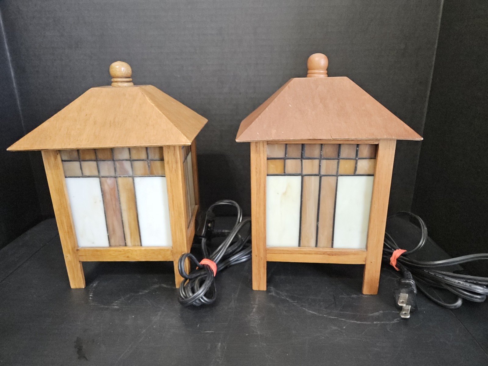 Stained Glass/Wooden Table Lamps Inspired by Frank Lloyd Mission Style Art Set