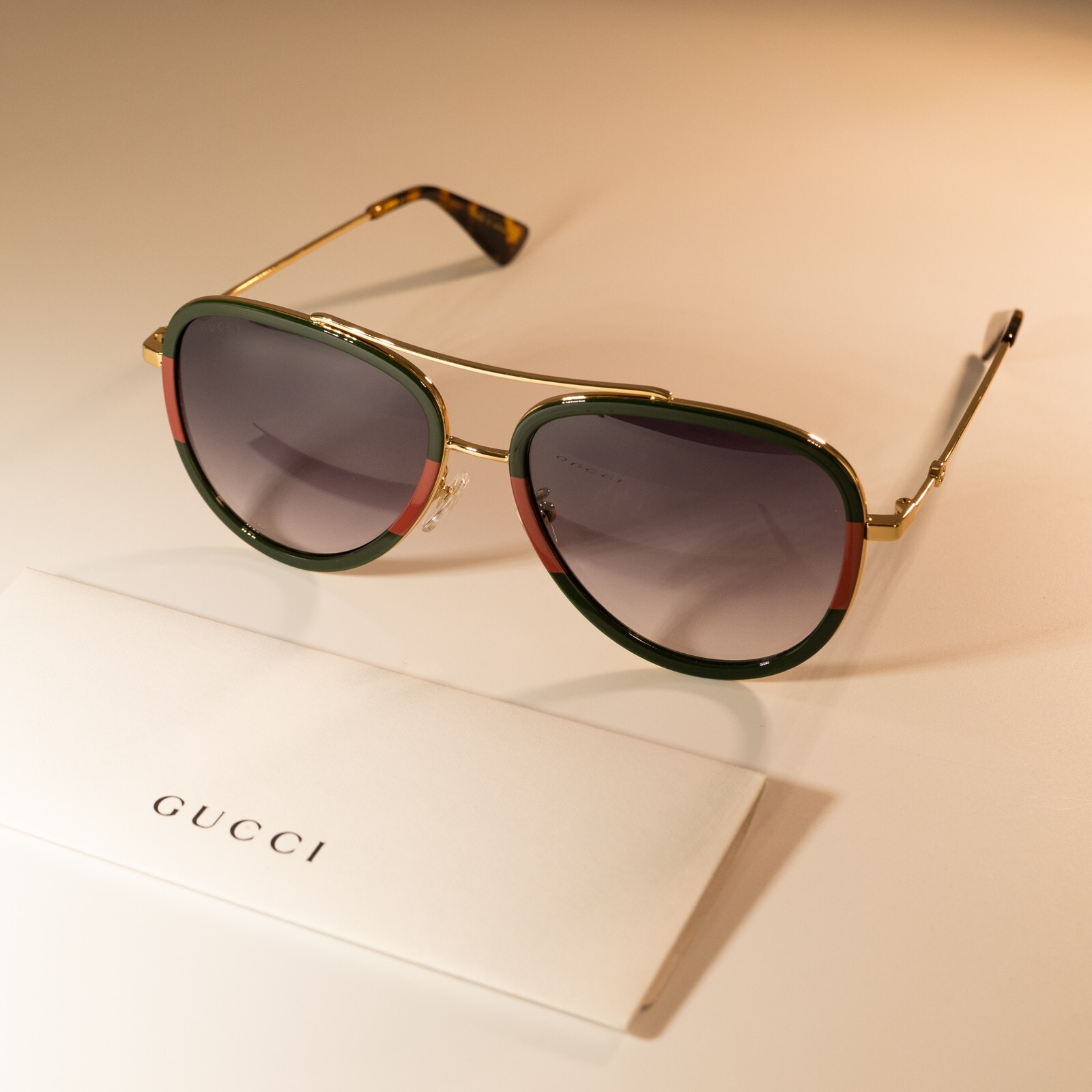 Gucci GG0062S 003 57mm Aviator Green/Red Unisex Sunglasses with Light Grey Lens
