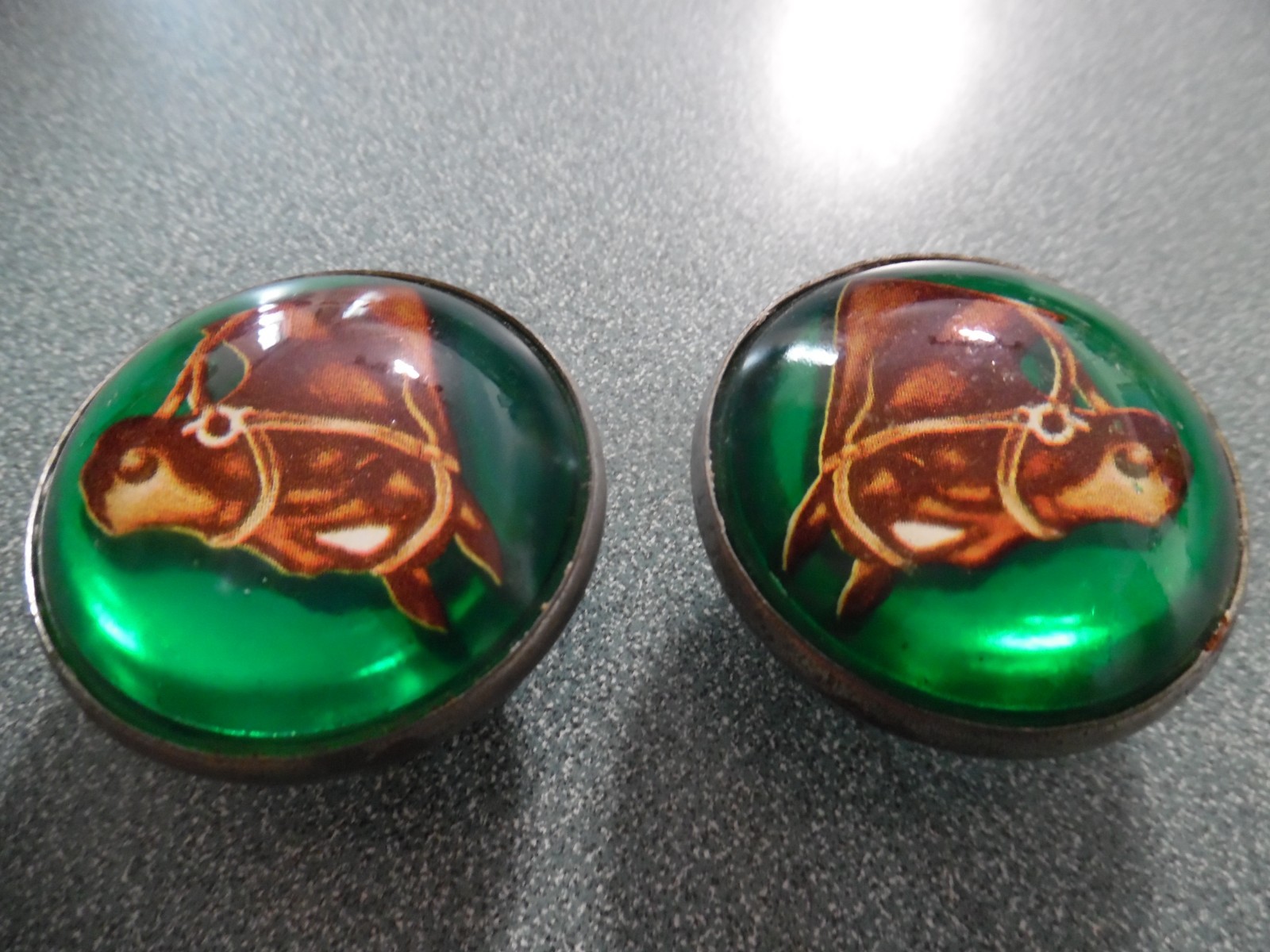 Vintage Pair Bridle Rosettes H.A. Chapman Horse Head Domed Green Glass 1960s