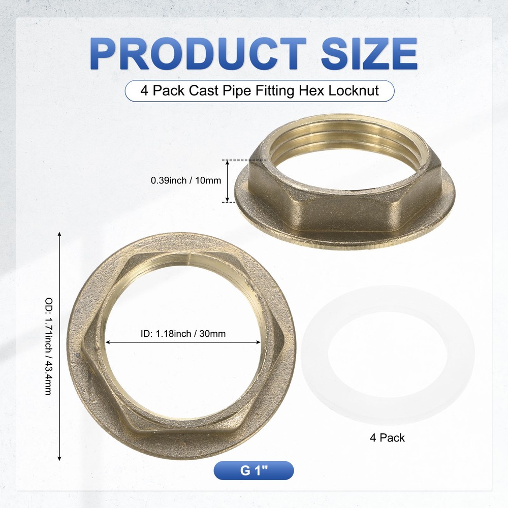 4 Pcs Brass G 1" Pipe Fitting Flange Hex Locknuts with Washer