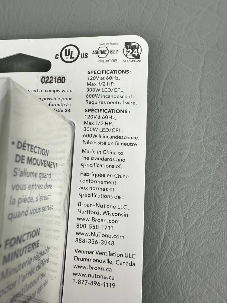 Broan NuTone MS100WR Occupancy Sensor New