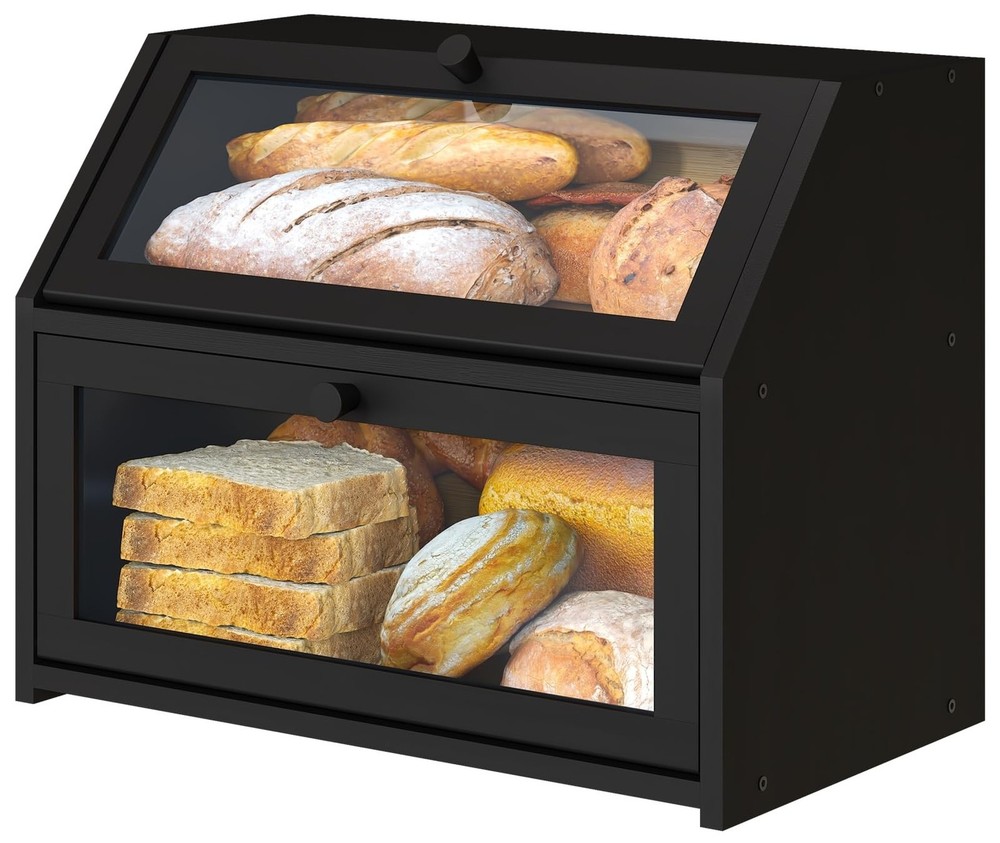 Black Bread Box for Kitchen Counter, Large Bread Storage Container, Double La...
