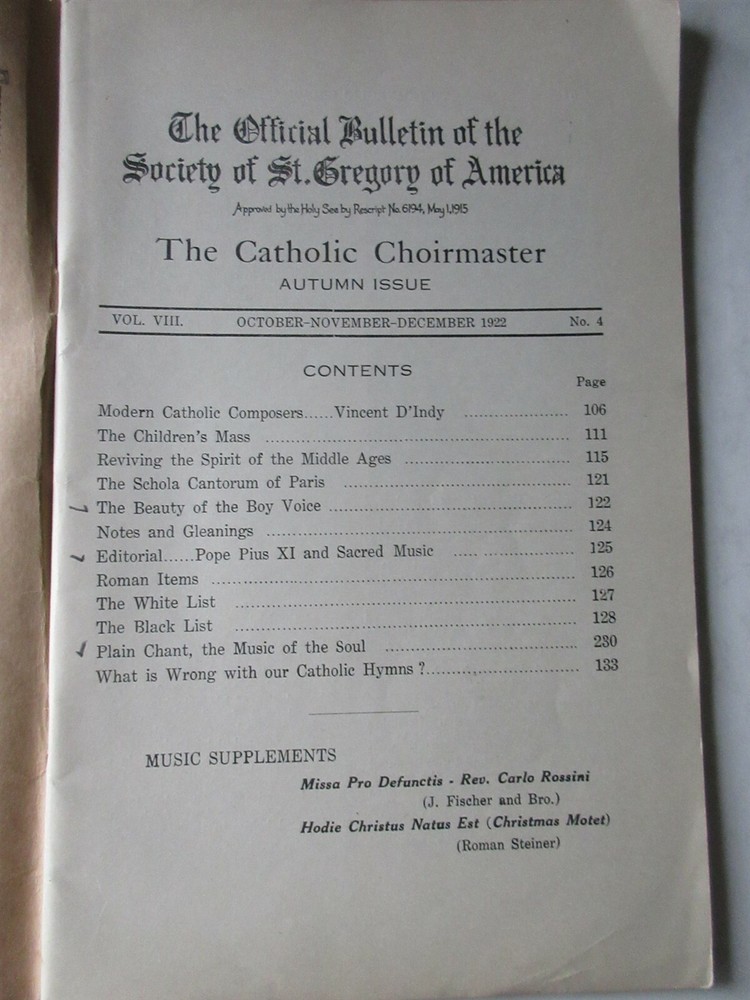 The Catholic Choirmaster Autumn Issue 1922