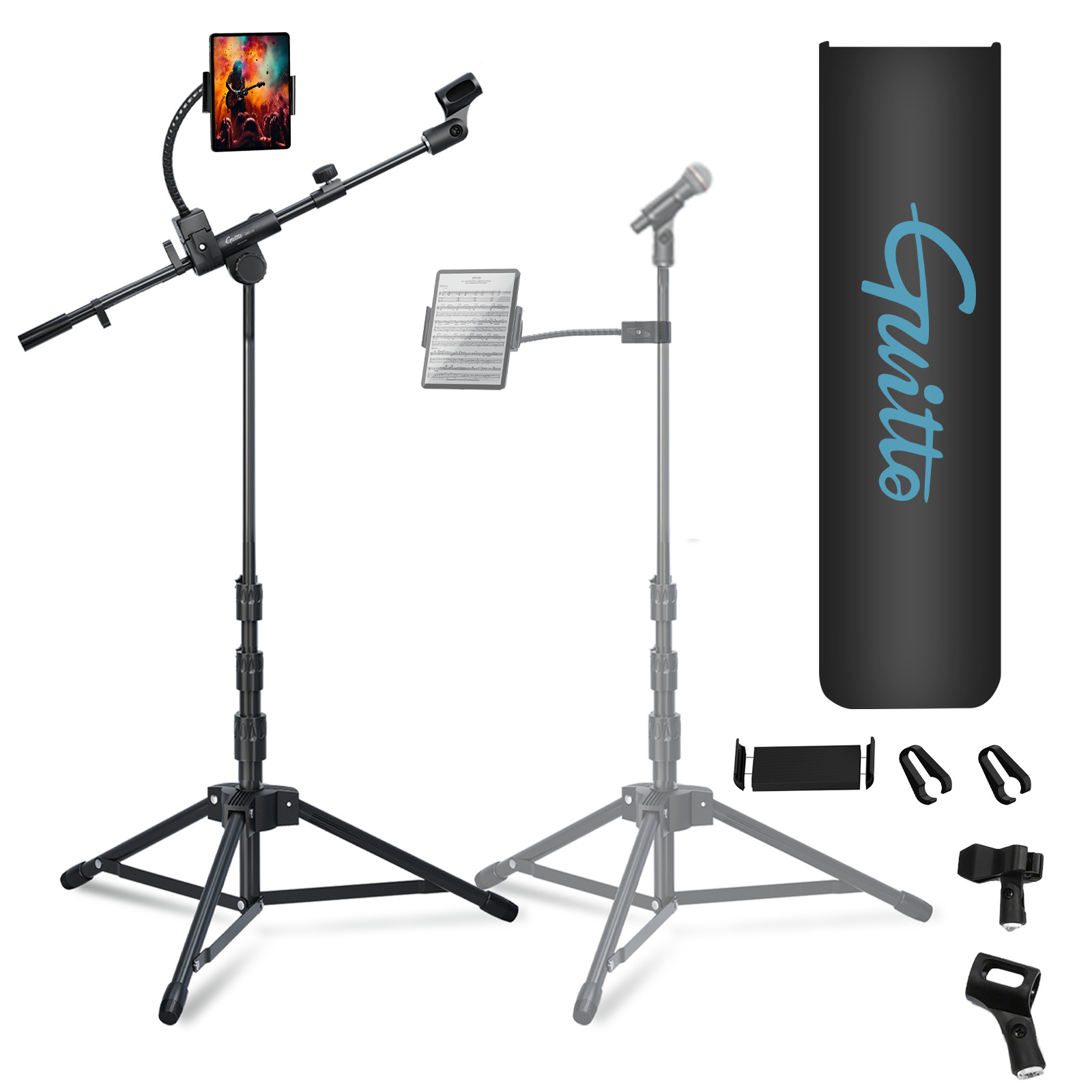 GUITTO Microphone Floor Stand with Phone/Tablet Holder Adjustable Boom Mic Stand