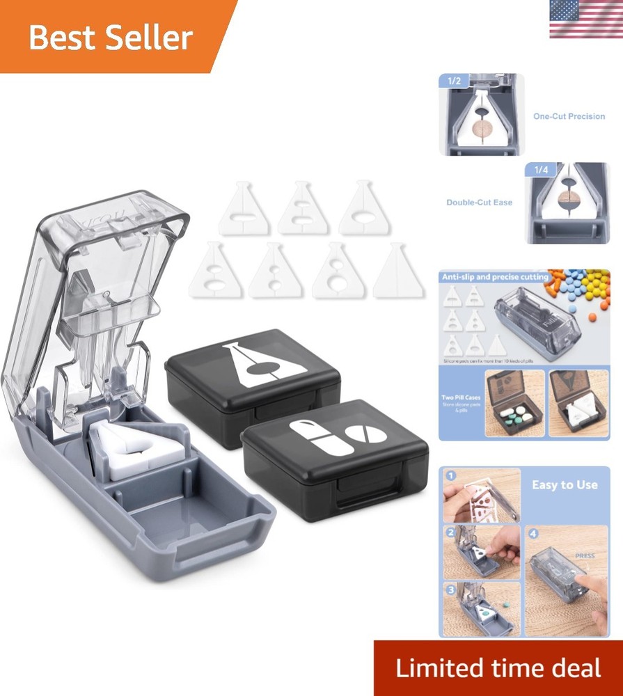 Compact Pill Splitter with Sharp Blade & 2 Large Organizers - Safe & Easy to Use