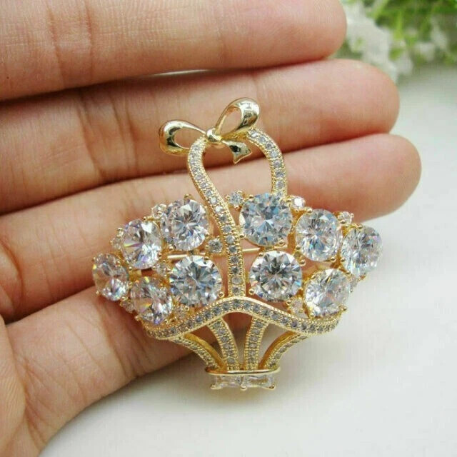 14K Yellow Gold Plated Silver 2Ct Round Cut Lab Created Diamond Women's Brooch