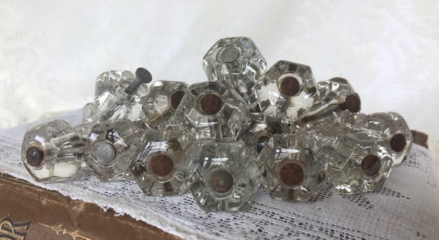 Lot Vintage Solid Clear Glass Drawer Pulls Knobs 6-sided Upcycle Recycle