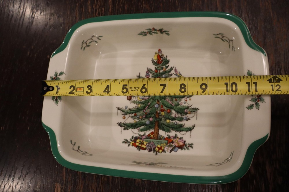 Spode Christmas Tree Baking Dish 12" Rectangular Oven To Table White Green Rim