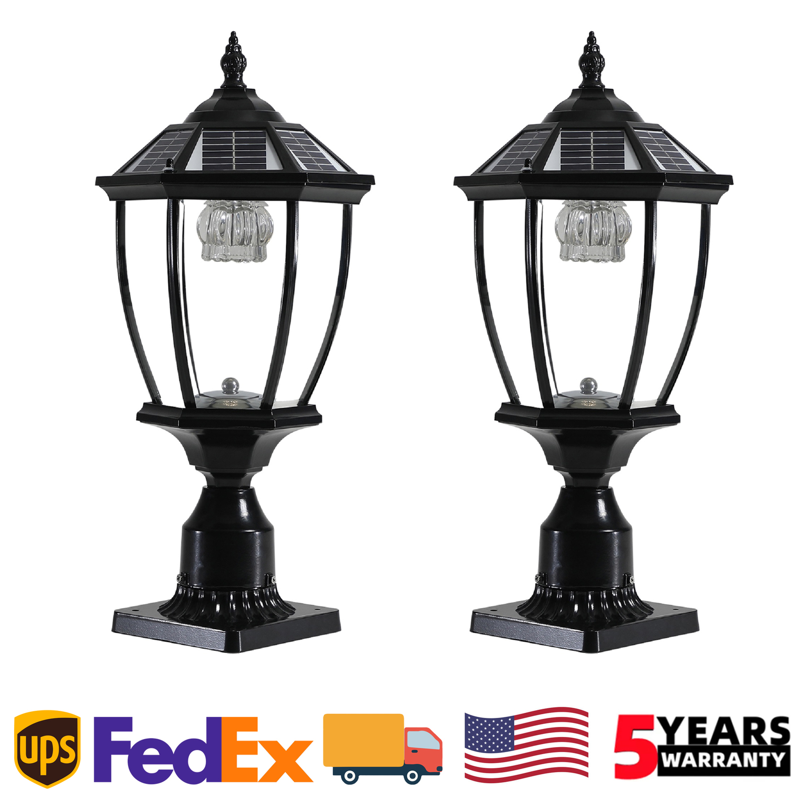 2 Pack 20'' Solar Post Light Outdoor Black Pillar w Remote Control Dusk To Dawn