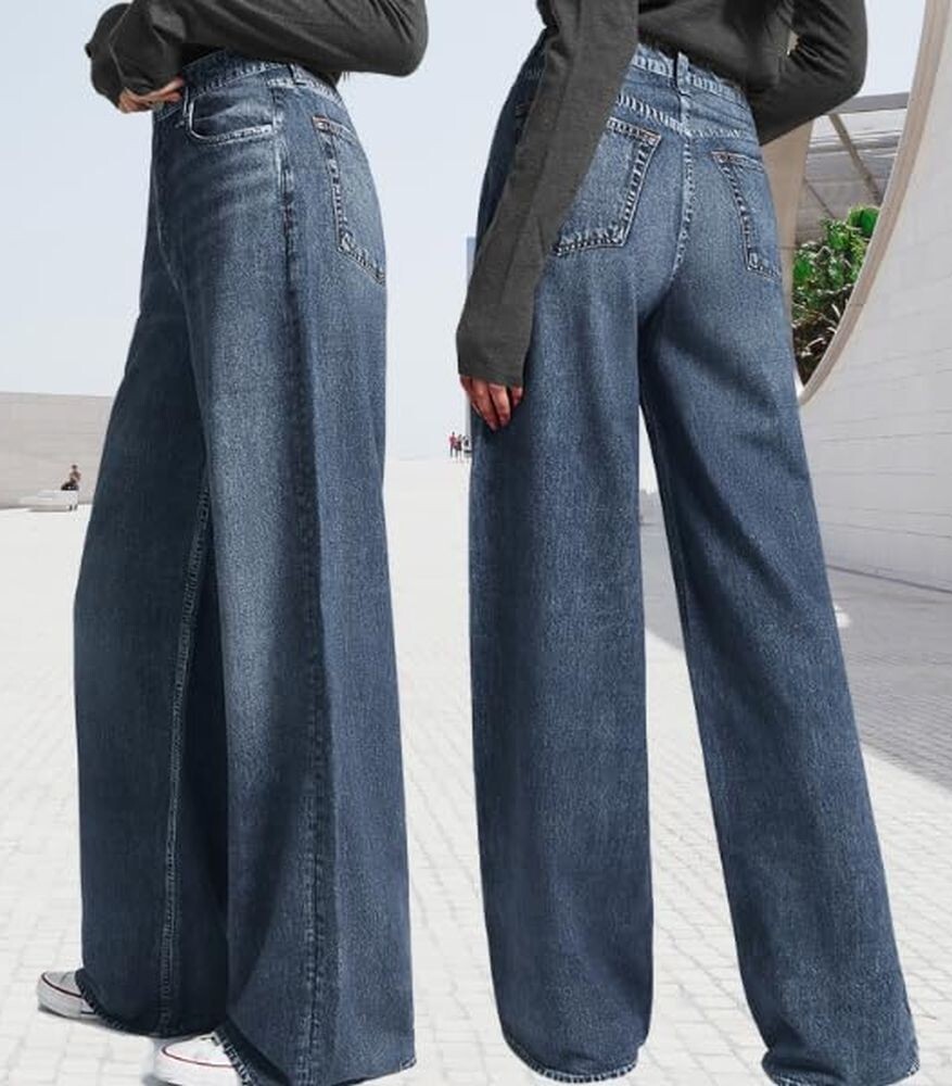 AnotherChill Women's Sweatpant Jeans Print Denim High Waisted Wide-Leg Baggy