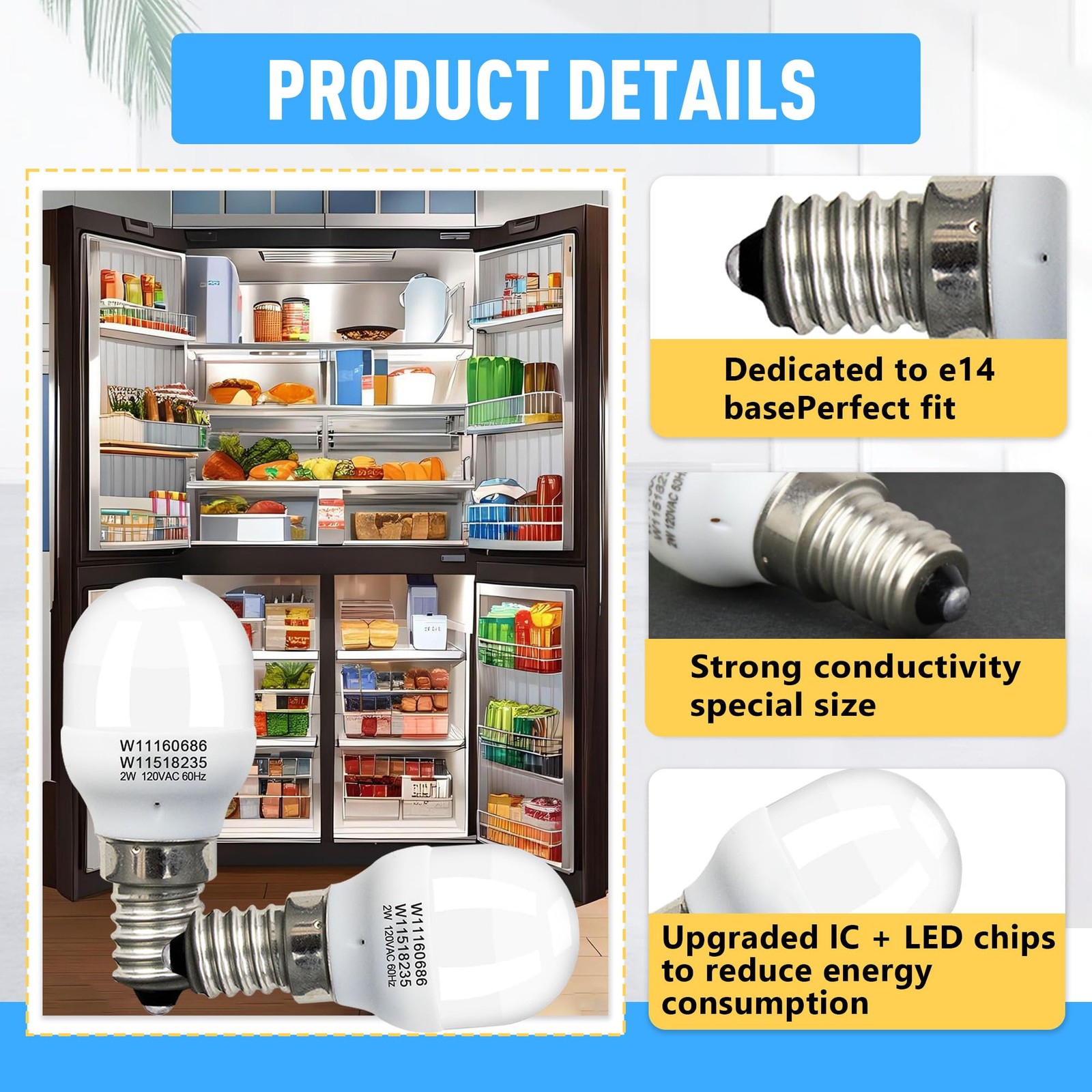 2Pcs W11518235 W11160686 Freezer Light Bulb Replacement for Whirlpool 2 Pack