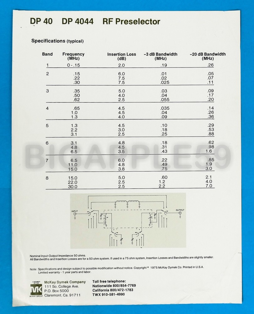 Brochure For McKay Dymek DP40 & DP4044 Receiver RF Preselector