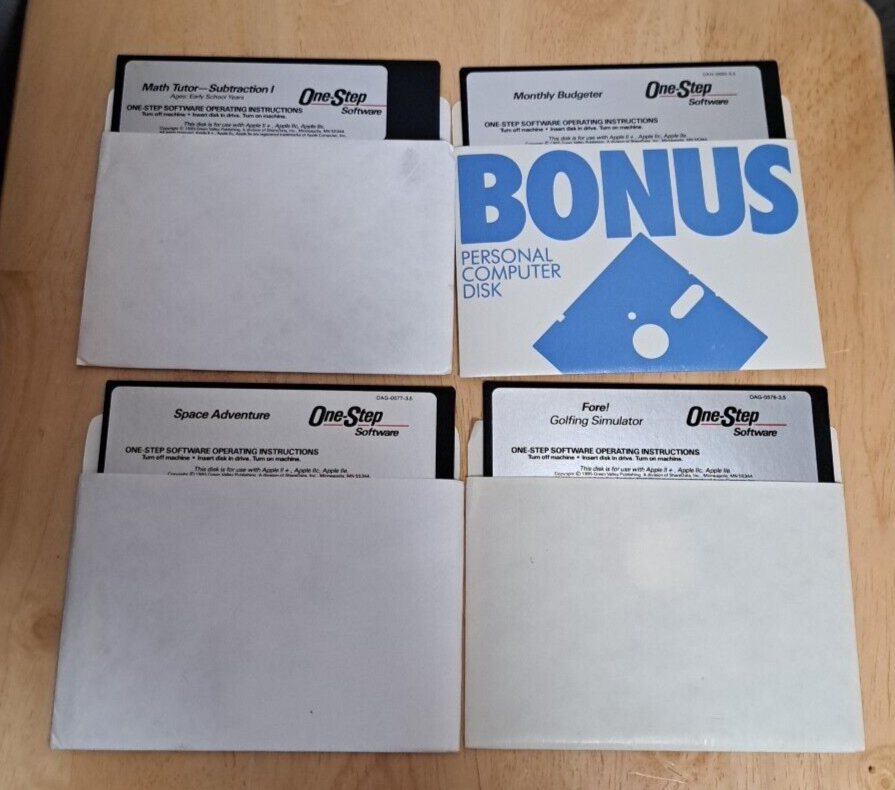 4 One-Step Software Floppy Disk 5.25 Apple IIC II,IIE Space,Budgeter, Math,Fore!