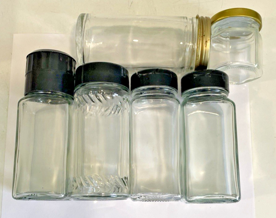 6 Clear Glass Bottles Tin Lids, Pastic Lids