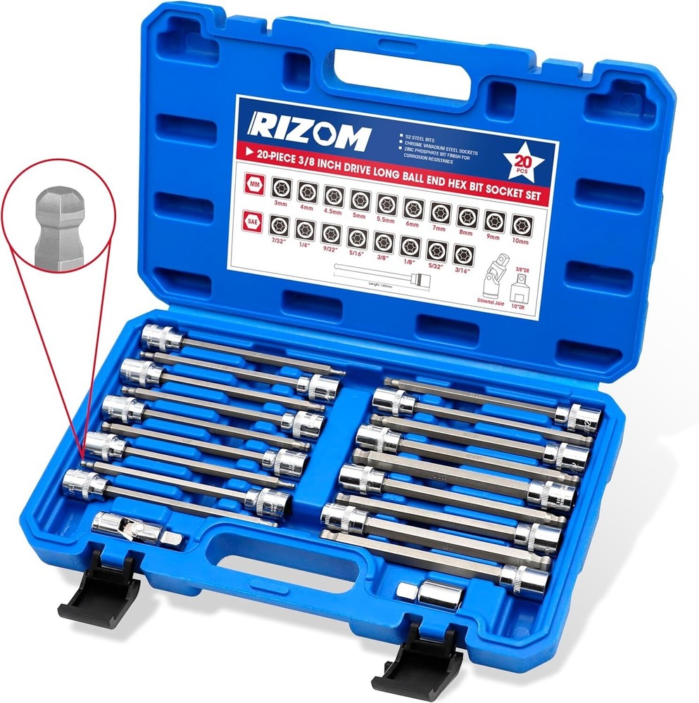 20Pc 3/8 Inch Drive Long Ball End Hex Bit Socket Set Extra Long Allen Socket Set