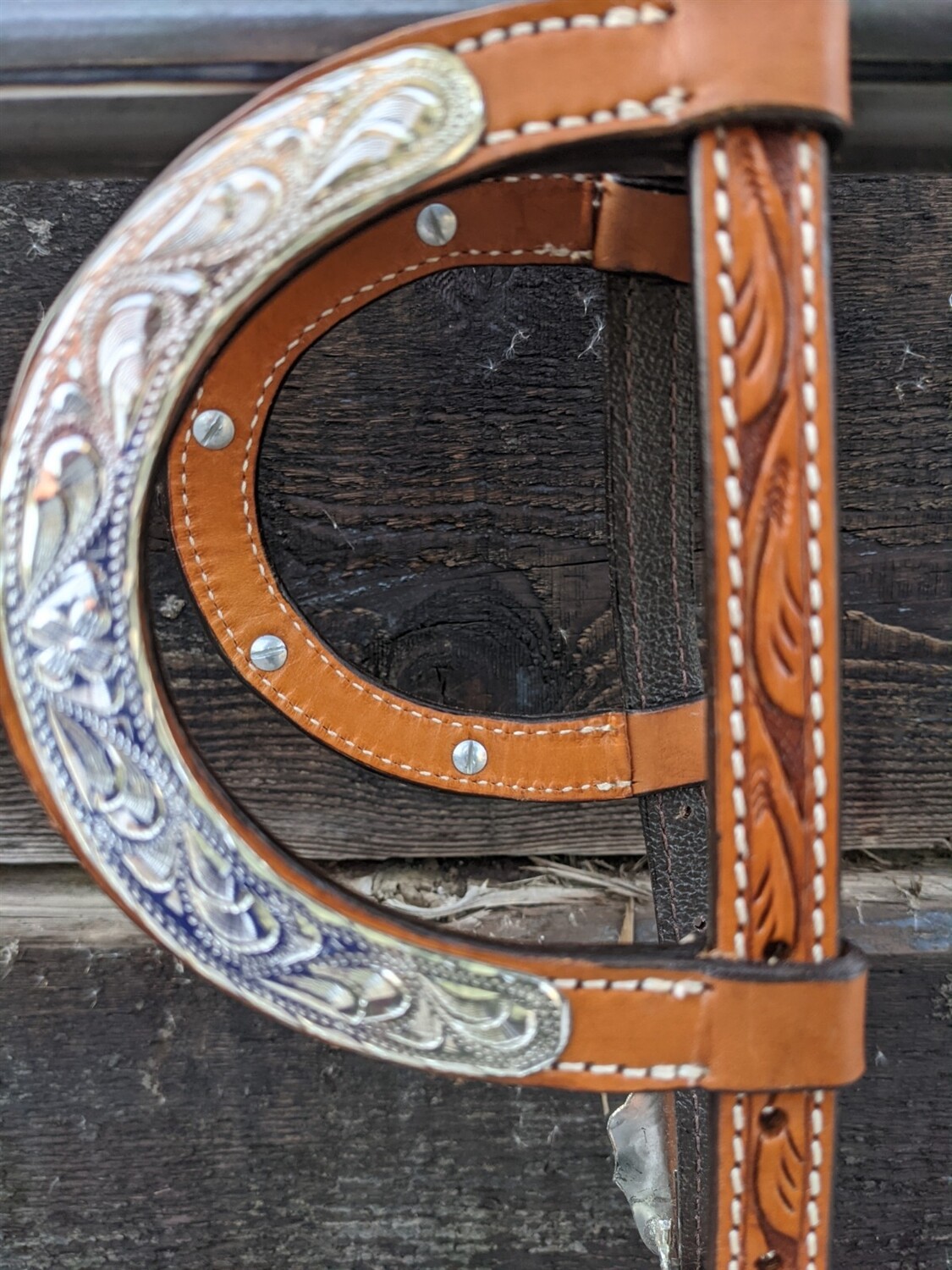Western Silver Show Headstall - Double Ear - Wide Ranch Cheek - Medium Oil