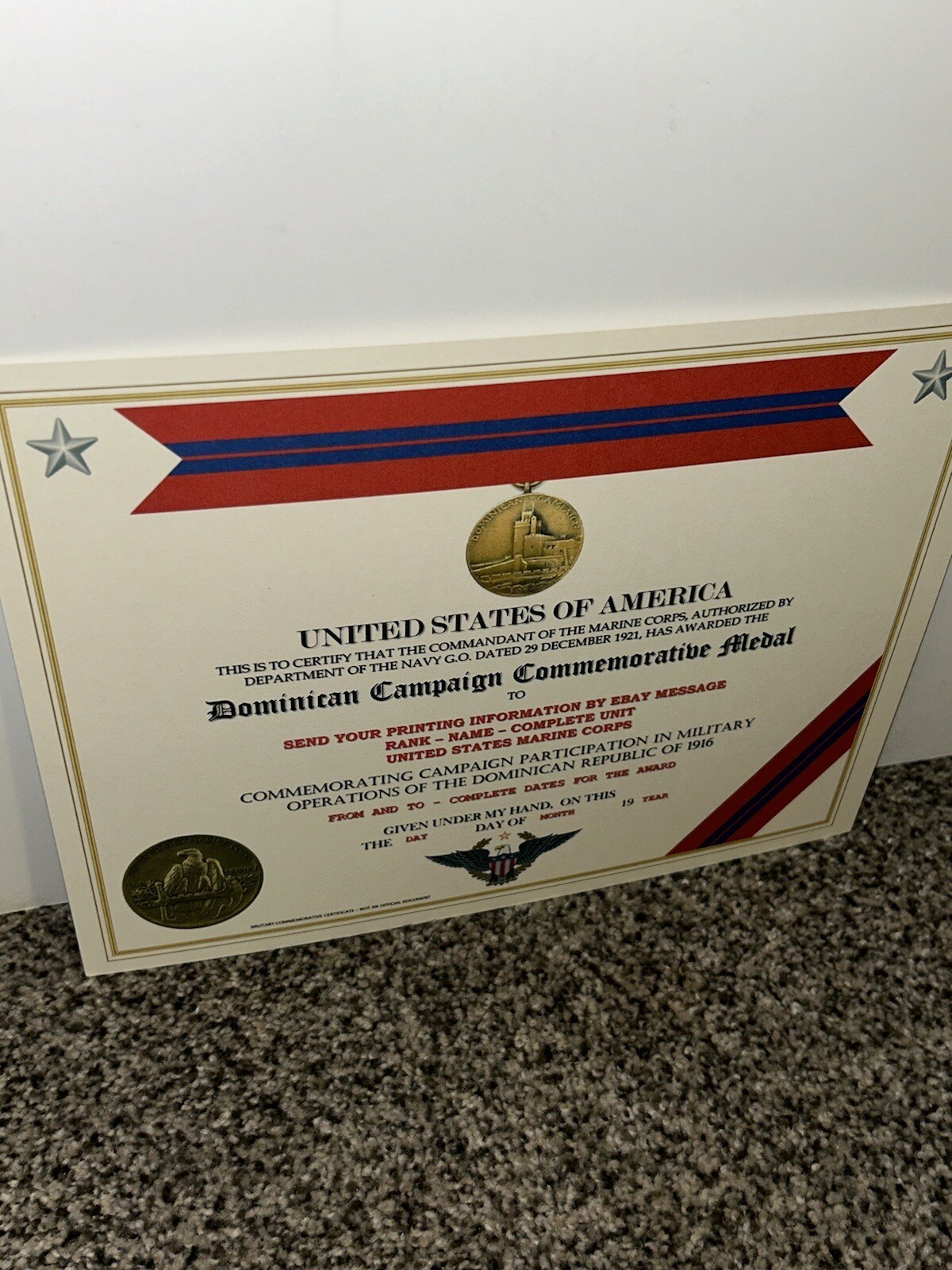 DOMINICAN CAMPAIGN (USMC) COMMEMORATIVE MEDAL CERTIFICATE ~ W/PRINTING TYPE-1