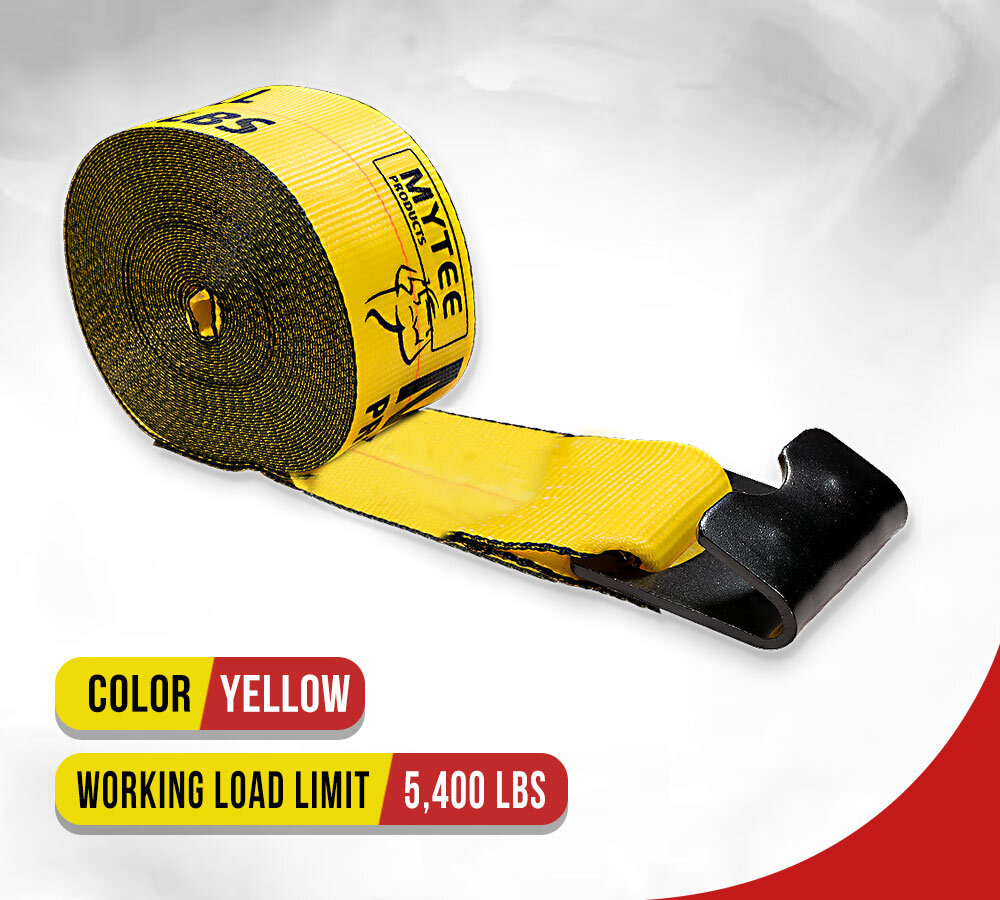 4"x65' Winch Straps w/flat hook, WLL 5400 Flatbed Tie Down Strap