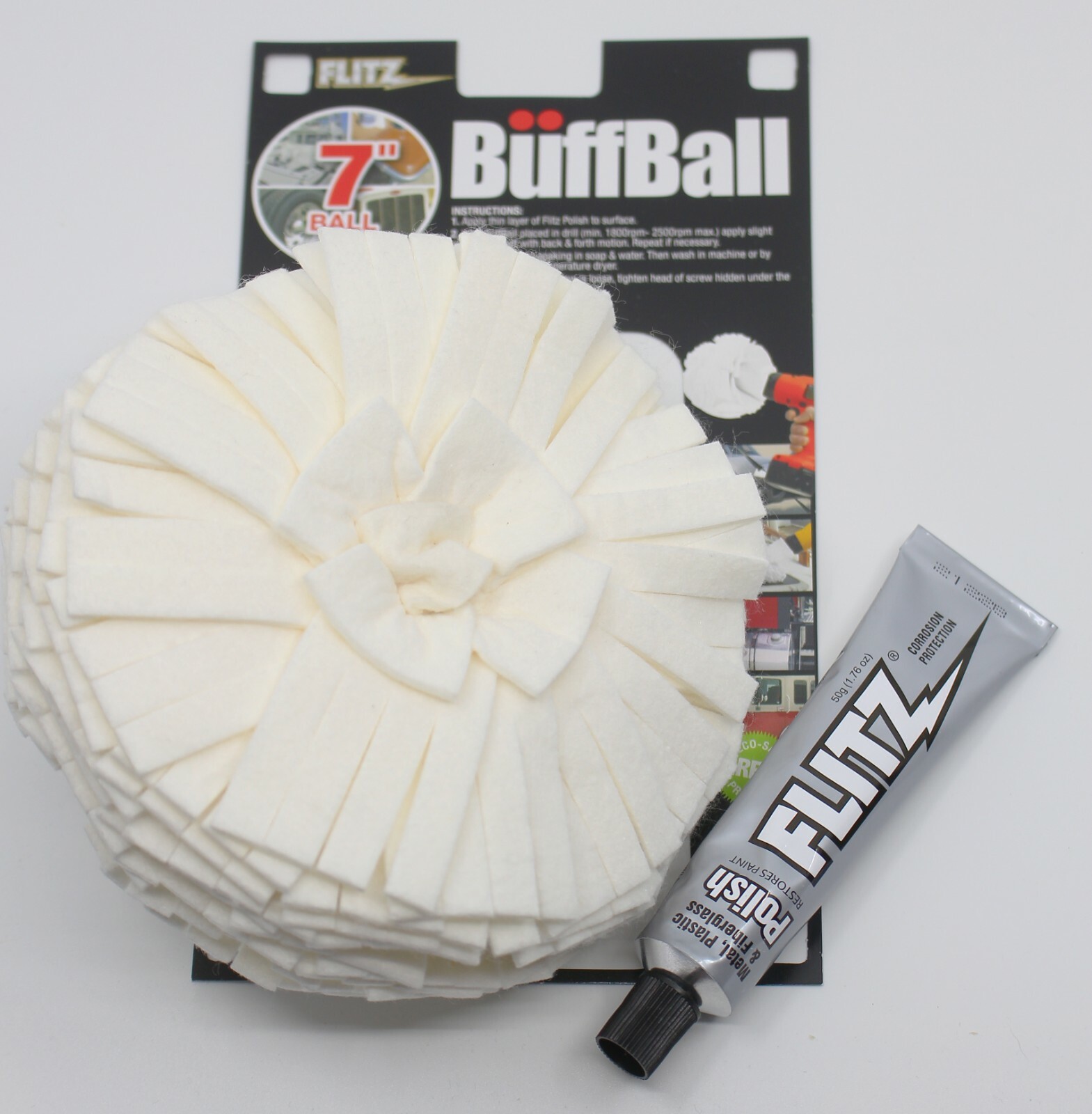FLITZ EXTRA LARGE 7" BUFF BALL w/1.76oz Metal, Plastic & Fiberglass Polish