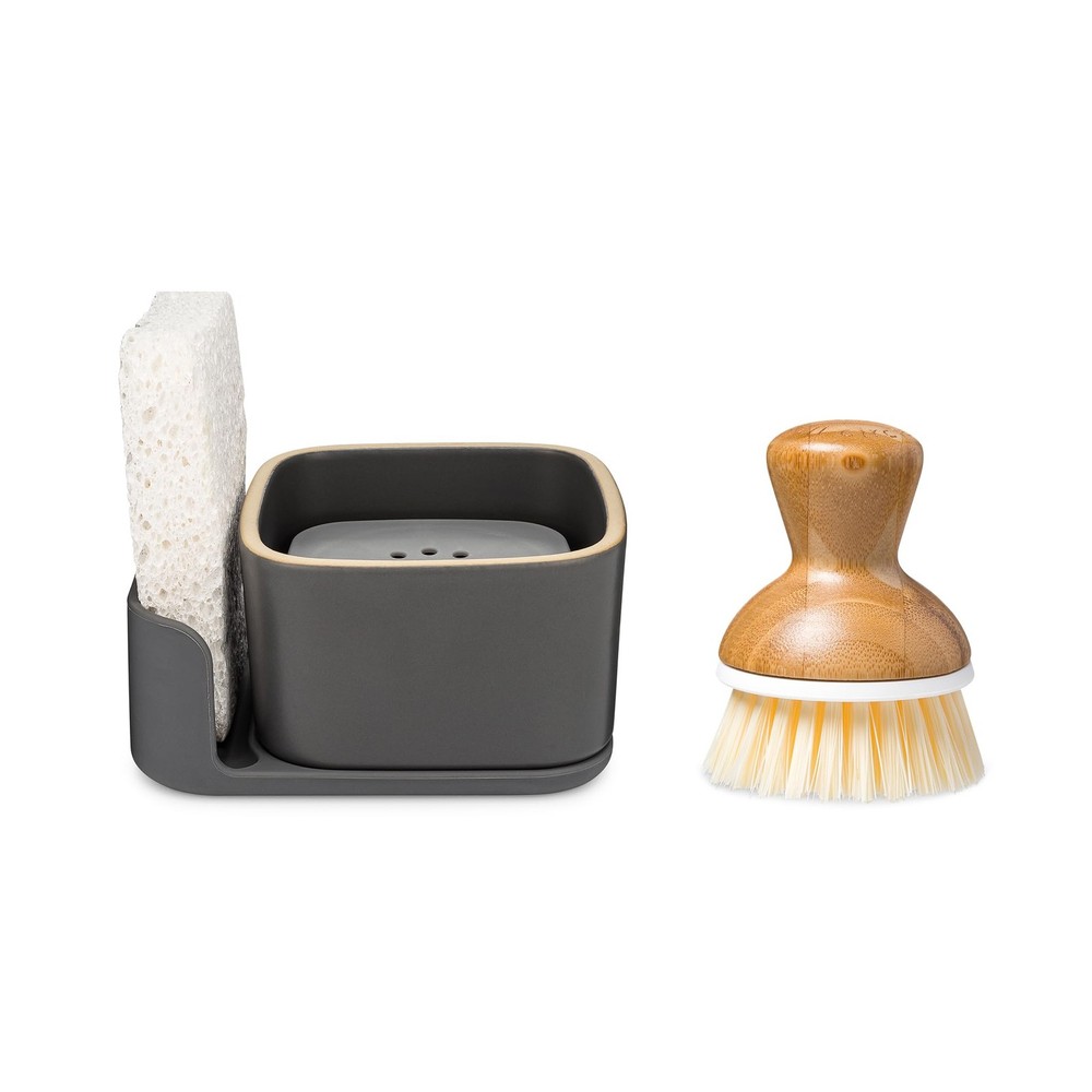 Full Circle Bubble Up Combo - Elegant Gray Ceramic Soap Dish with Eco Sponge
