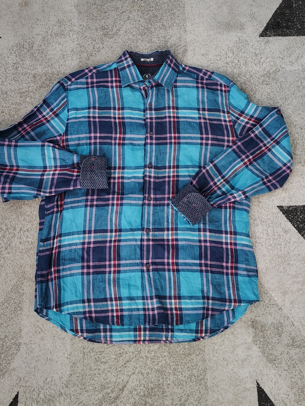 BUGATCHI Turquoise & Pink PLAID Mens LINEN Shirt Classic Shaped Fit L/XL 48"
