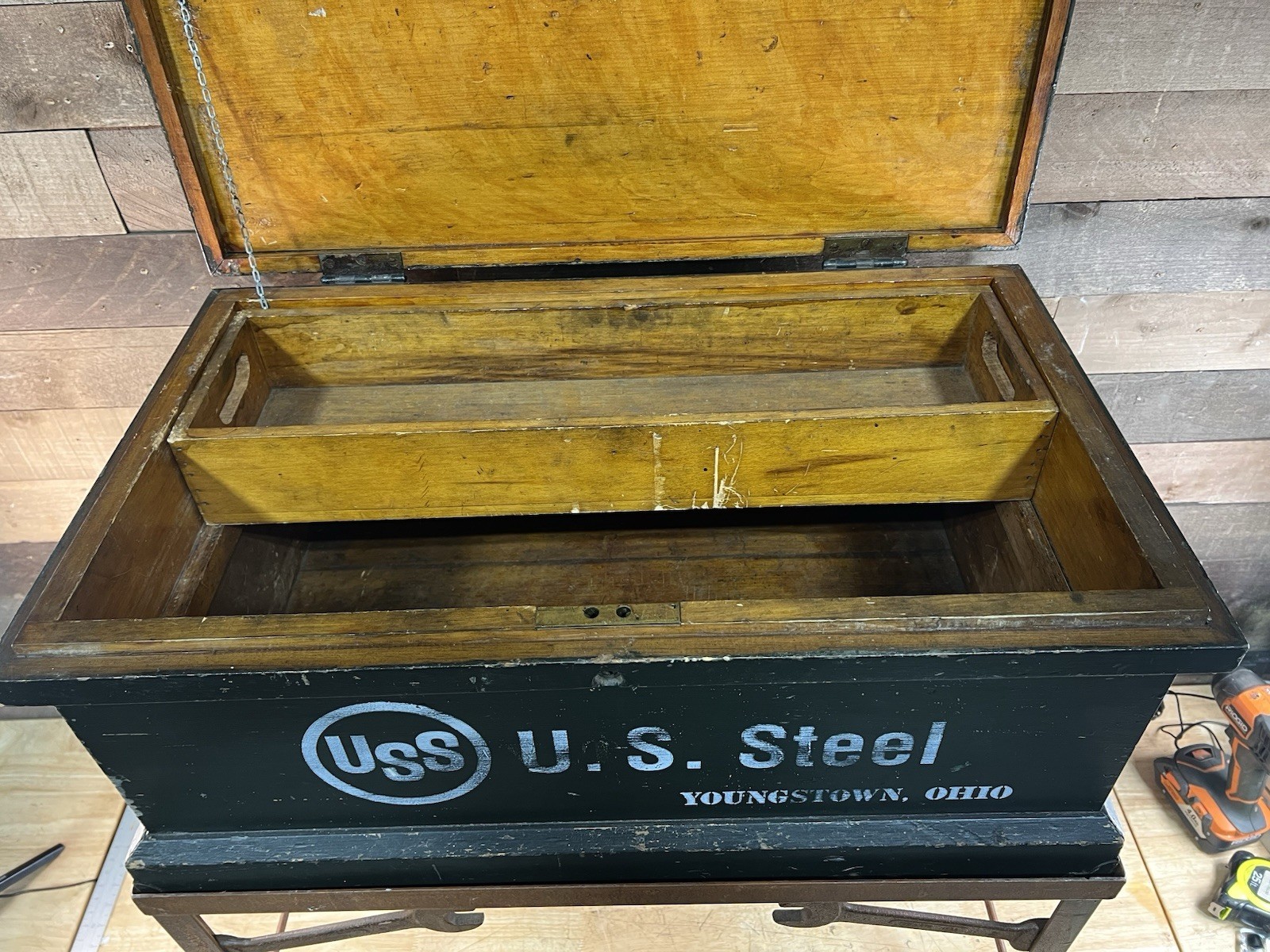 Vintage Large U.S. Steel Wooden Toolbox With Metal Base Stand