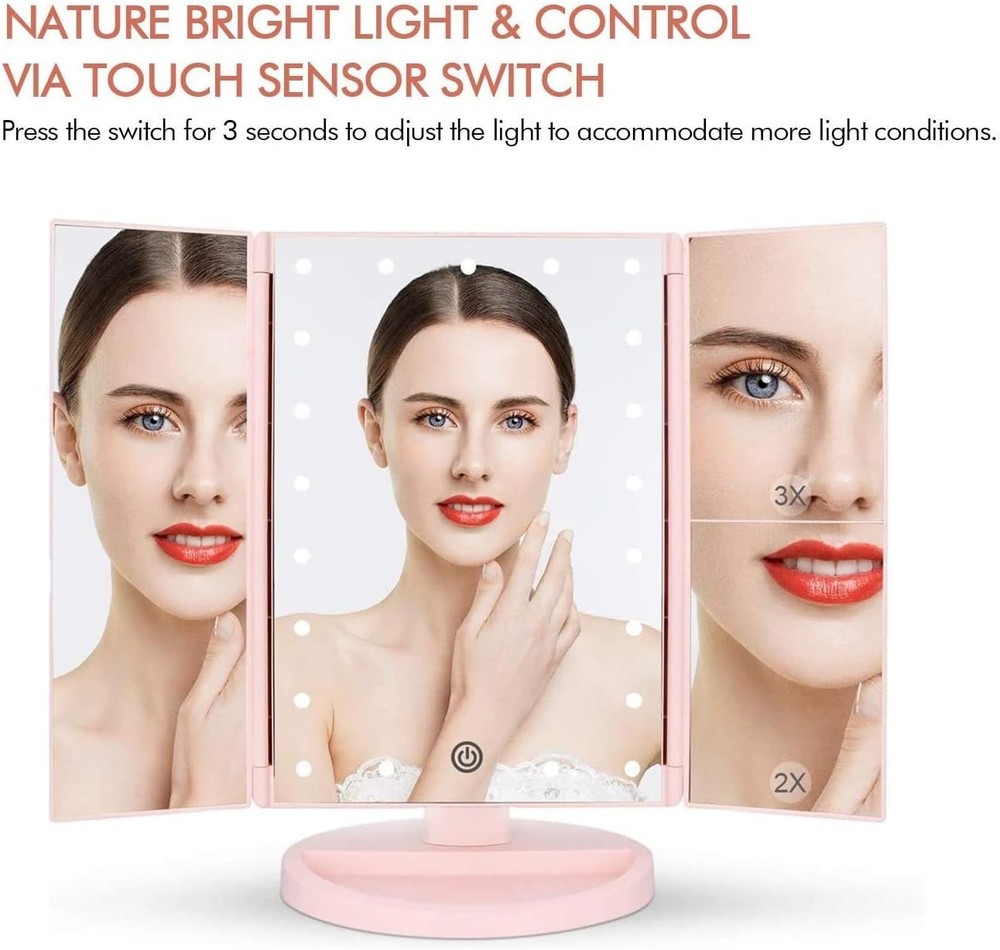 Tri-fold Lighted Vanity Makeup Mirror W/ 3x/2x Magnification