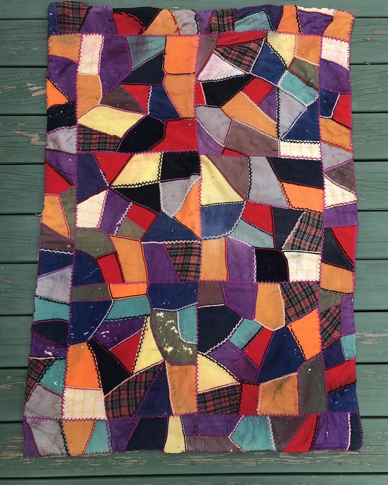 ANTIQUE VINTAGE ORIGINAL HANDMADE PATCHWORK CRAZY QUILT